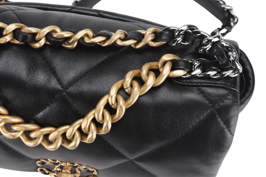 CHANEL 19 SMALL BLACK SHINY LAMBSKIN (3091XXXX) WITH GOLD-TONE, SILVER-TONE & RUTHENIUM HARDWARE, WITH CARD & DUST COVER