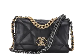 CHANEL 19 SMALL BLACK SHINY LAMBSKIN (3091XXXX) WITH GOLD-TONE, SILVER-TONE & RUTHENIUM HARDWARE, WITH CARD & DUST COVER