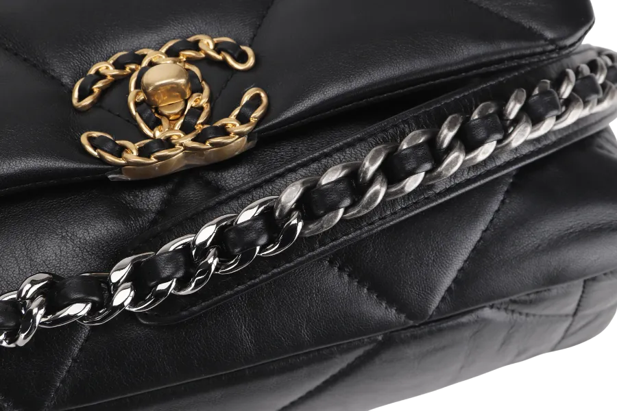 CHANEL 19 SMALL BLACK SHINY LAMBSKIN (3091XXXX) WITH GOLD-TONE, SILVER-TONE & RUTHENIUM HARDWARE, WITH CARD & DUST COVER