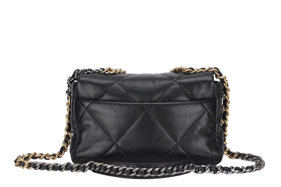 CHANEL 19 SMALL BLACK SHINY LAMBSKIN (3091XXXX) WITH GOLD-TONE, SILVER-TONE & RUTHENIUM HARDWARE, WITH CARD & DUST COVER