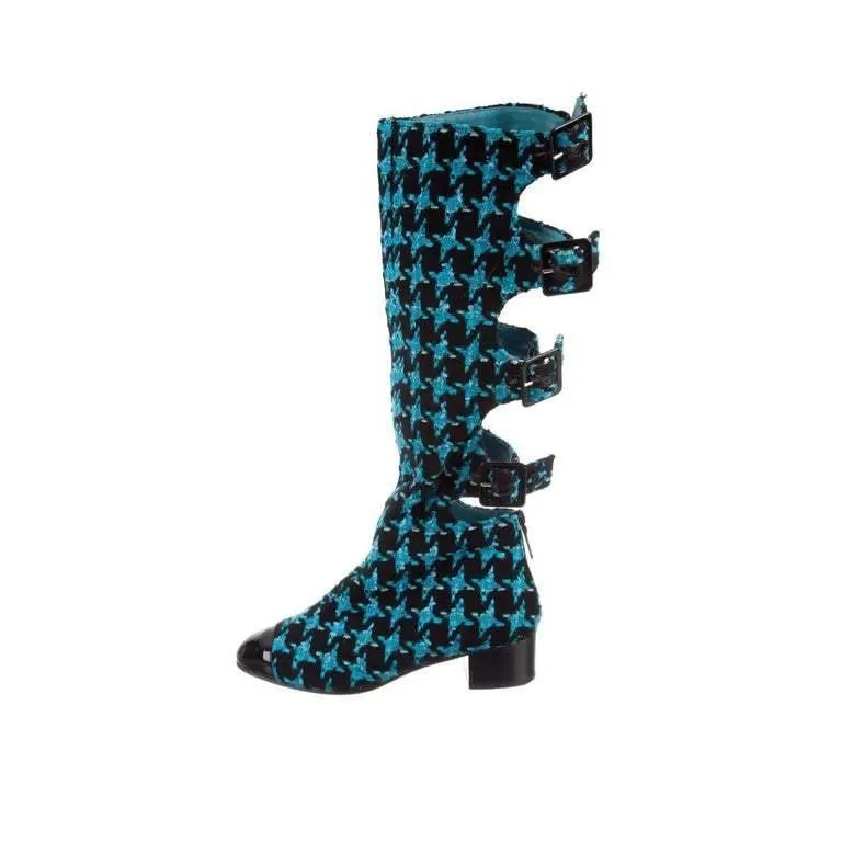 CHANEL Boots Turquoise Tweed Black Patent Leather Buckle Runway 2007 | Size US 7