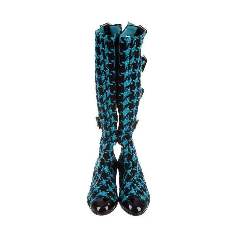 CHANEL Boots Turquoise Tweed Black Patent Leather Buckle Runway 2007 | Size US 7