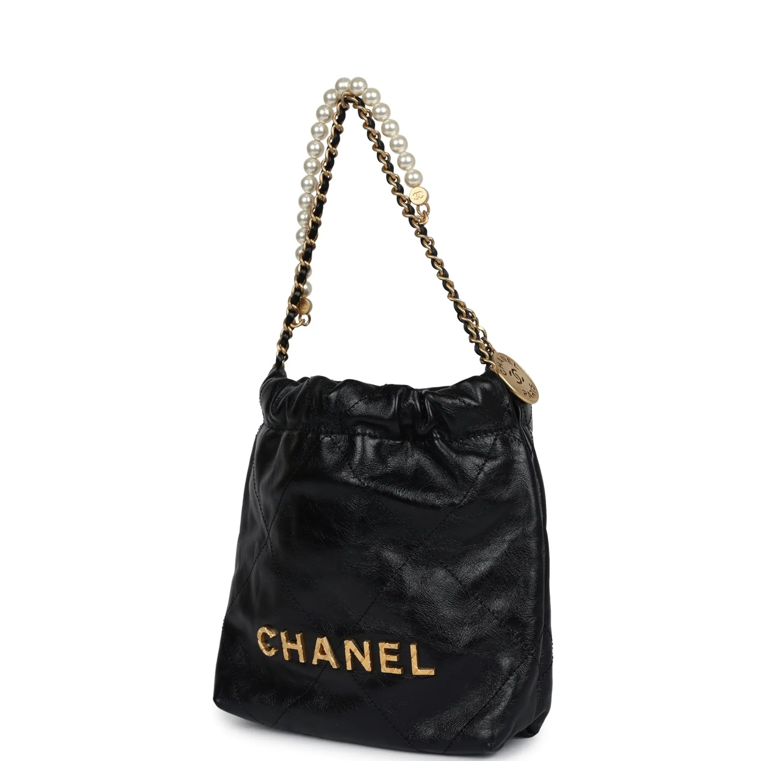 Chanel Mini 22 Bag Black Aged Calfskin and Pearl Antique Gold Hardware