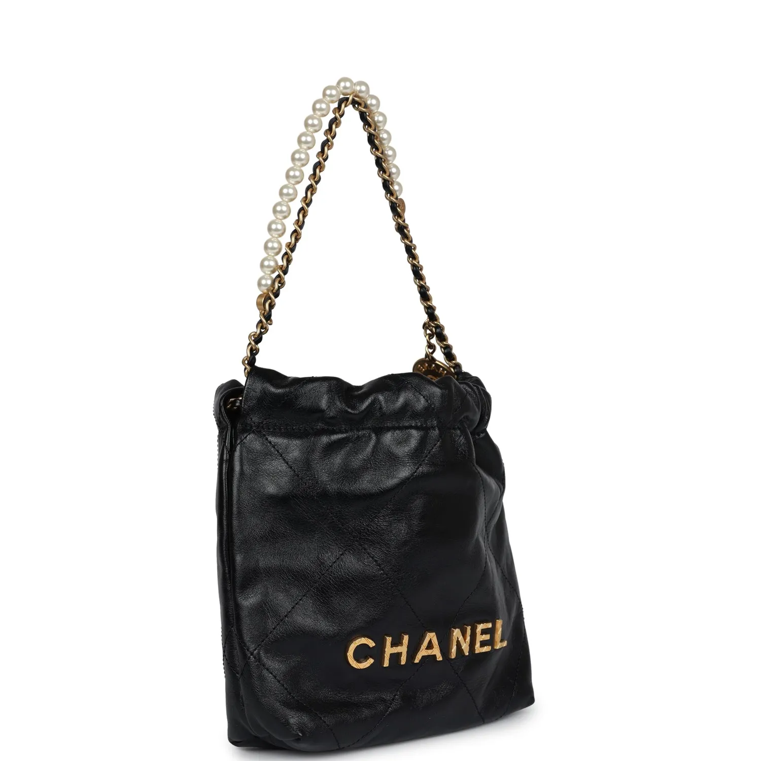 Chanel Mini 22 Bag Black Aged Calfskin and Pearl Antique Gold Hardware