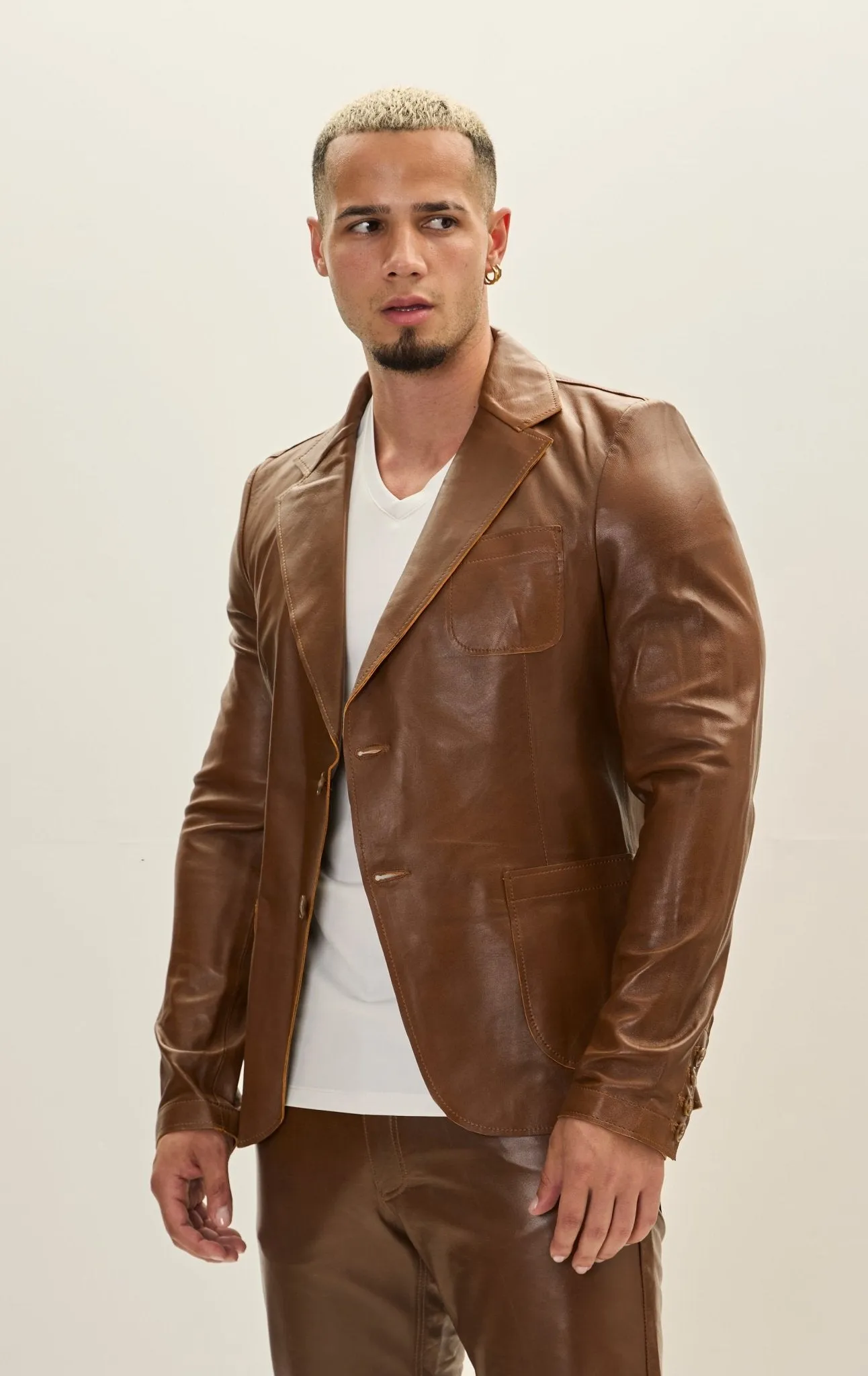 Classic Two-Button Leather Blazer - Brown