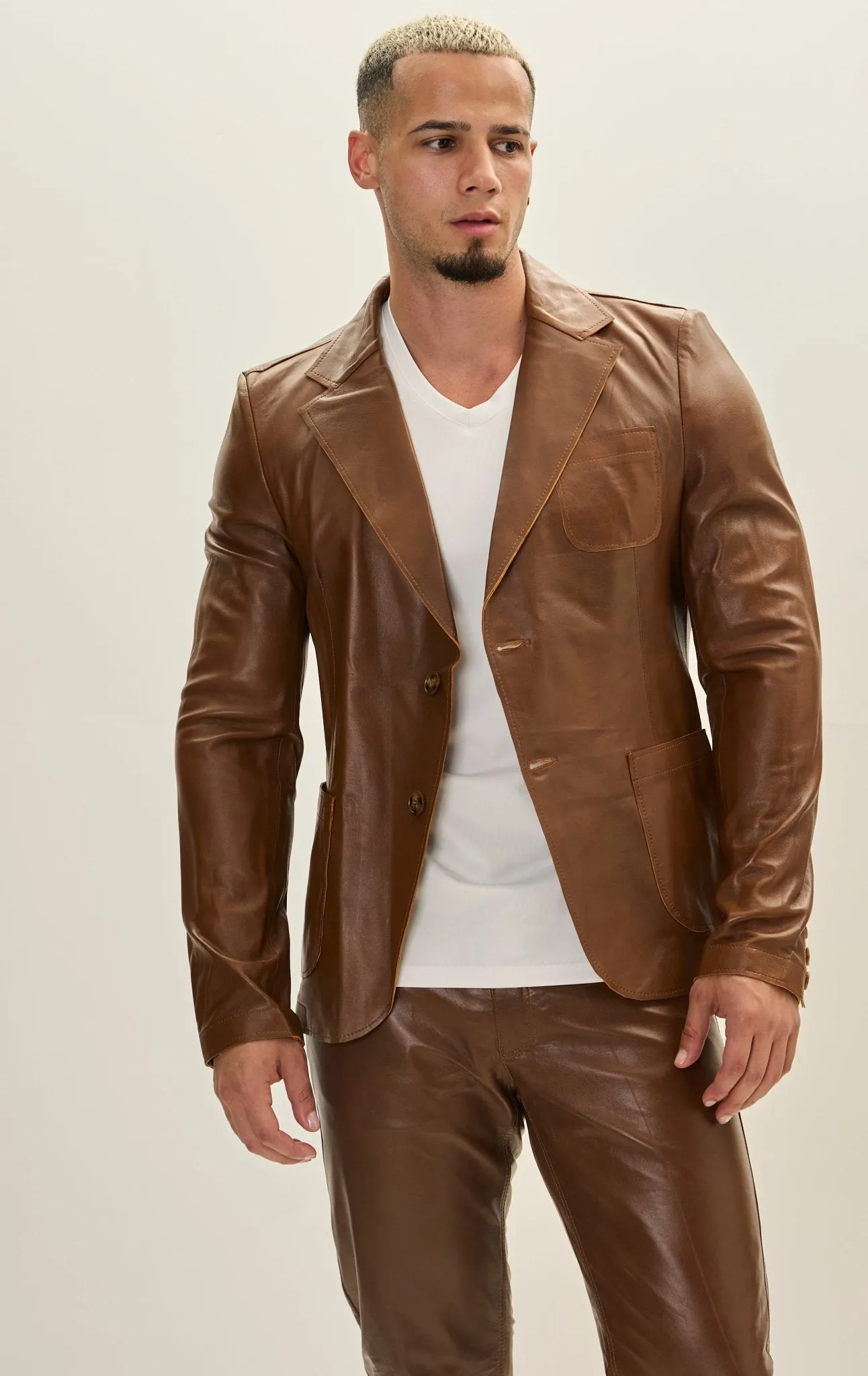 Classic Two-Button Leather Blazer - Brown