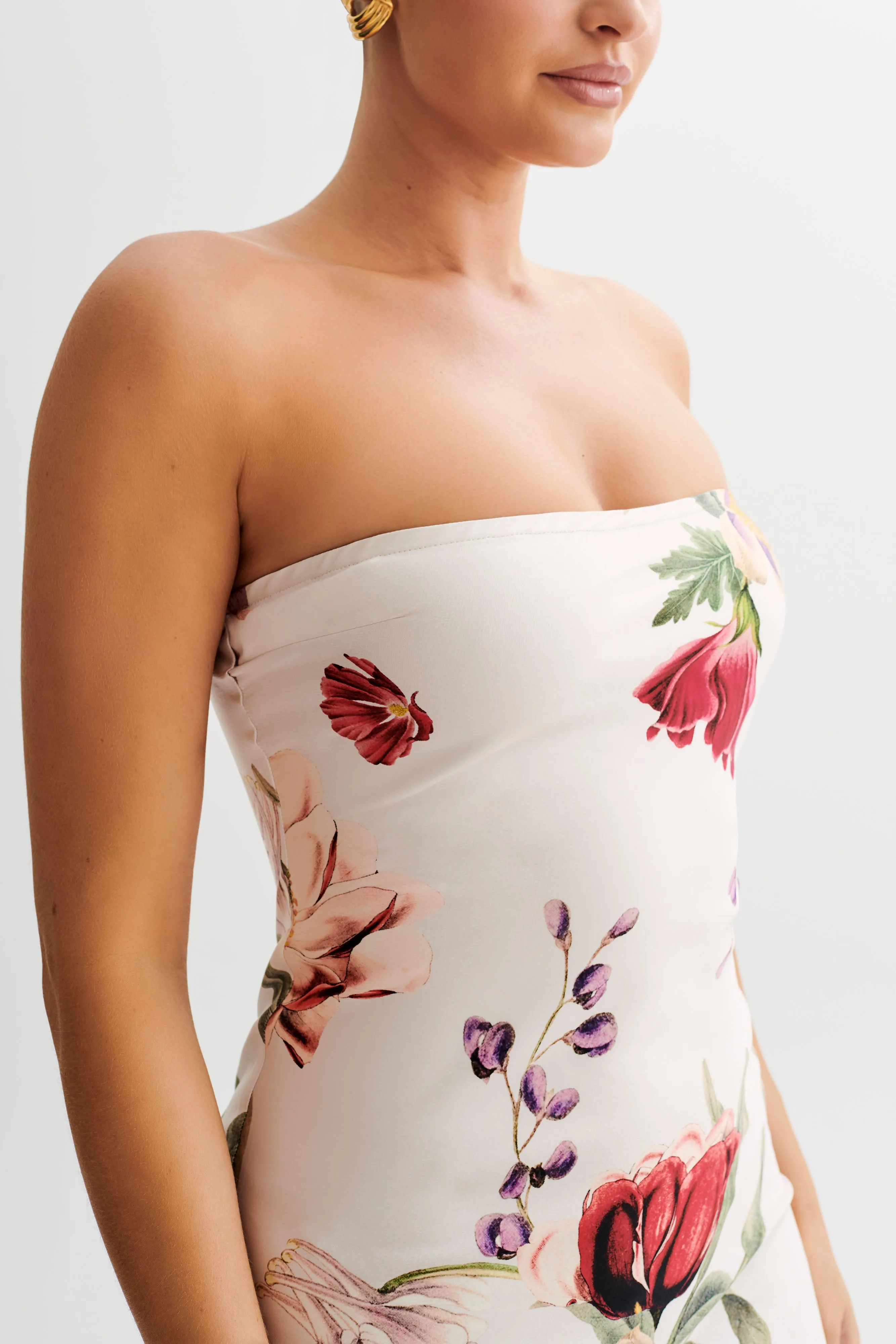 Claudette Strapless Satin Maxi Dress - Bella Rosa Print