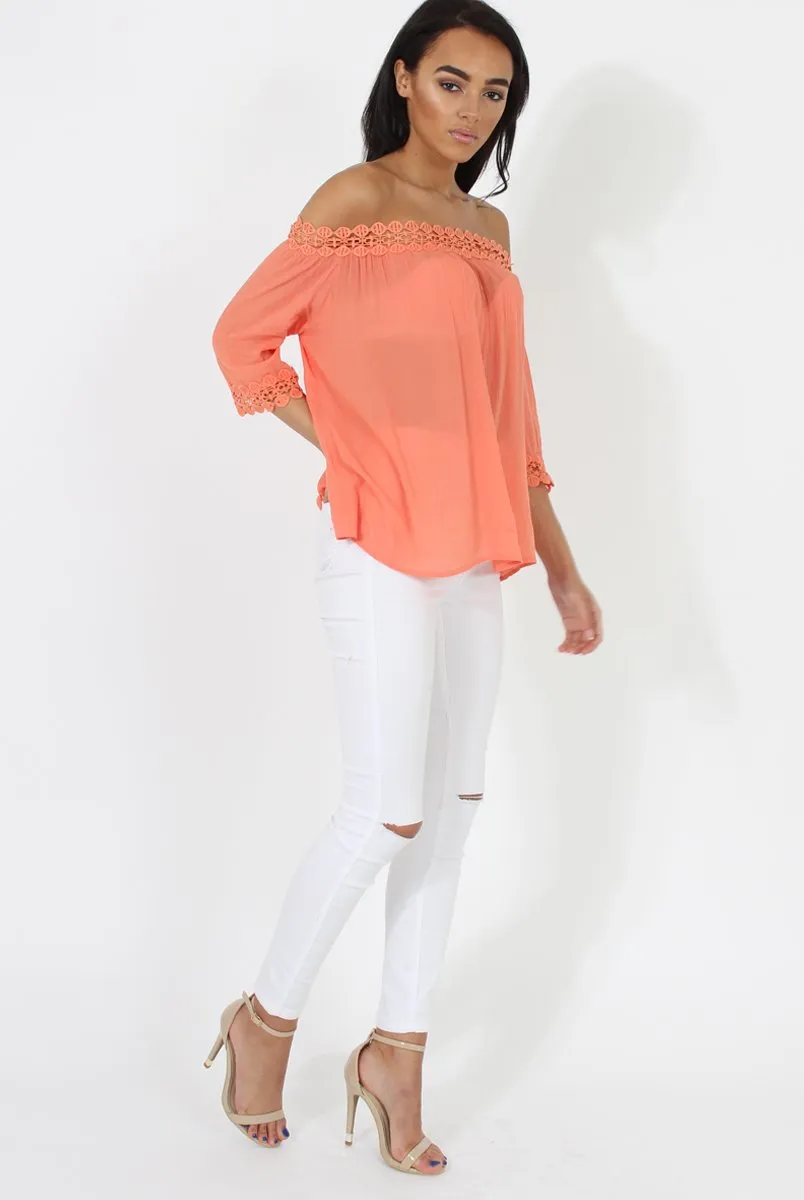 Coral Bardot Crochet Top - Aliza