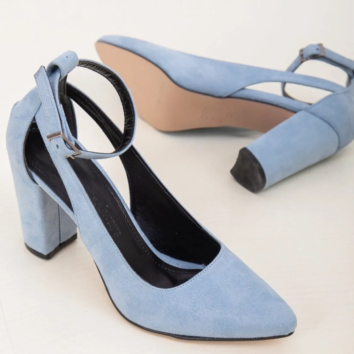 Coralie - Blue Suede Wedding Heels with Ribbon