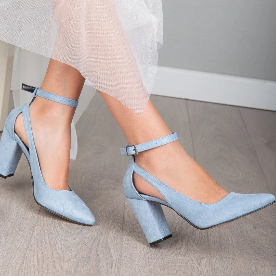 Coralie - Blue Suede Wedding Heels with Ribbon