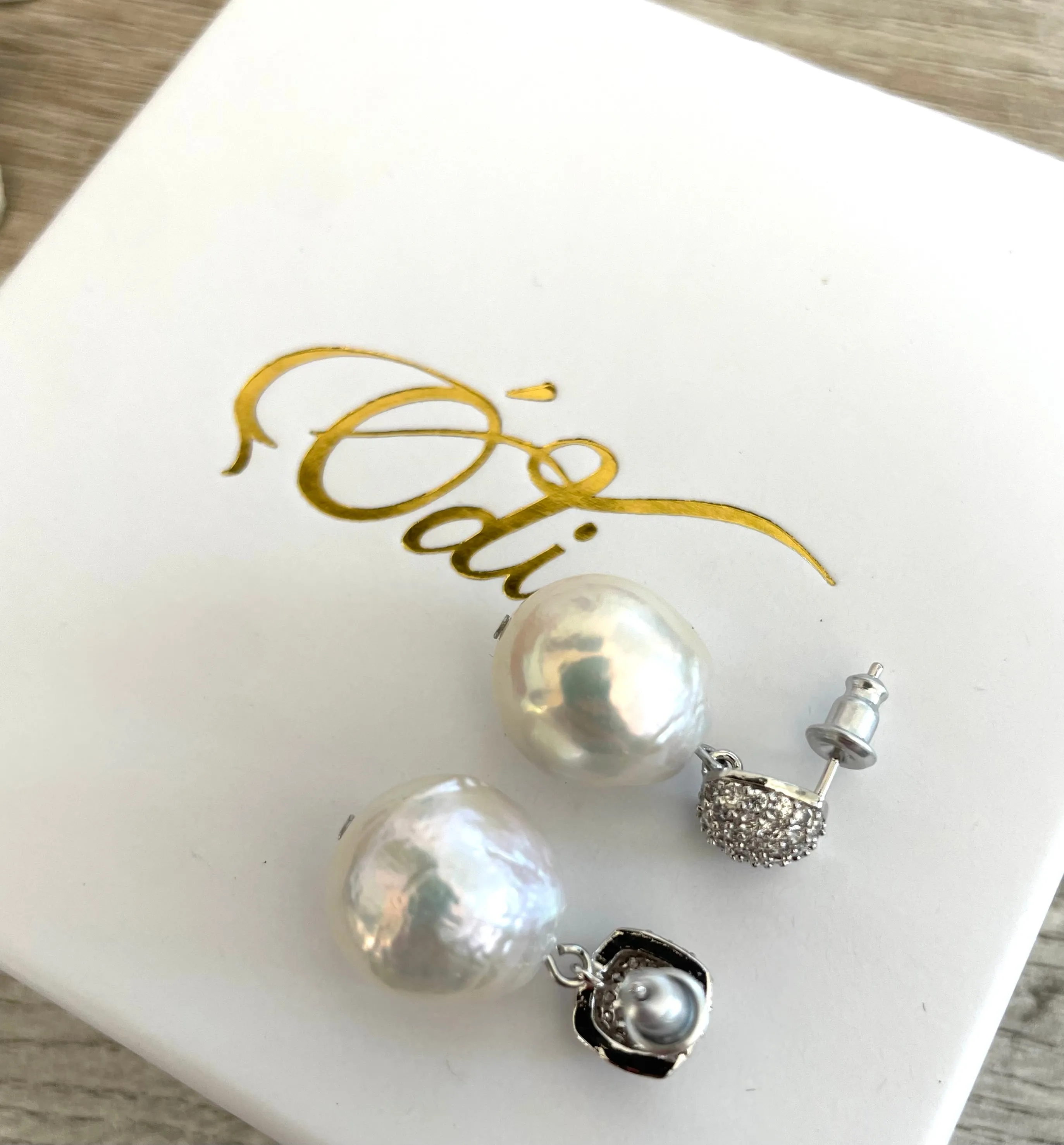 Cubic Zirconia-Fresh Water Pearl-Cushion Earrings