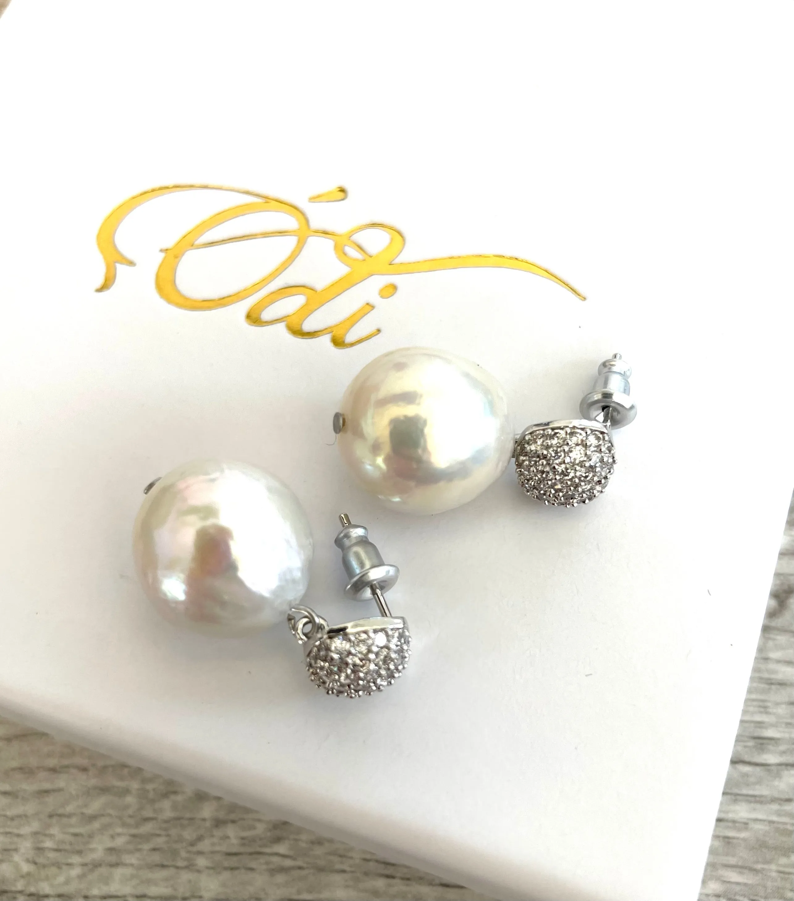 Cubic Zirconia-Fresh Water Pearl-Cushion Earrings