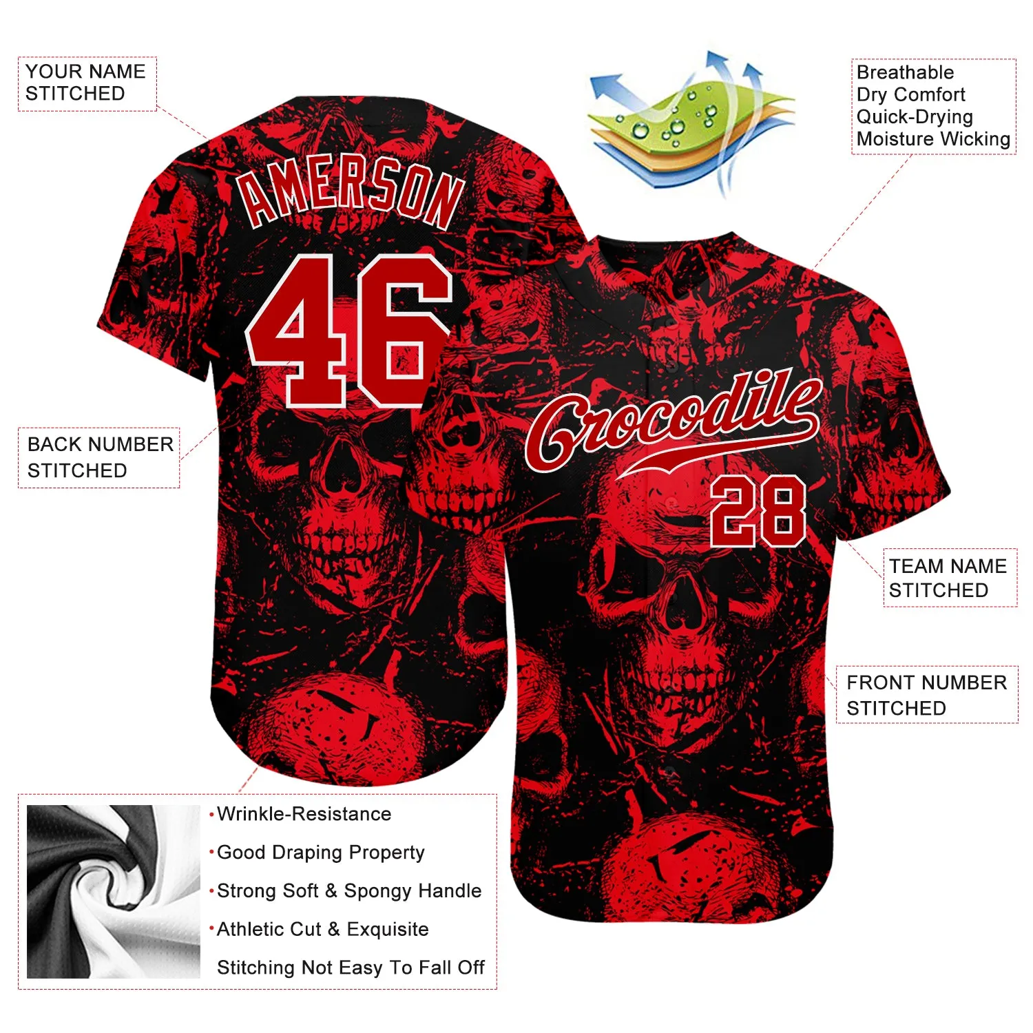 Custom 3D Pattern Halloween Skulls Authentic Baseball Jersey