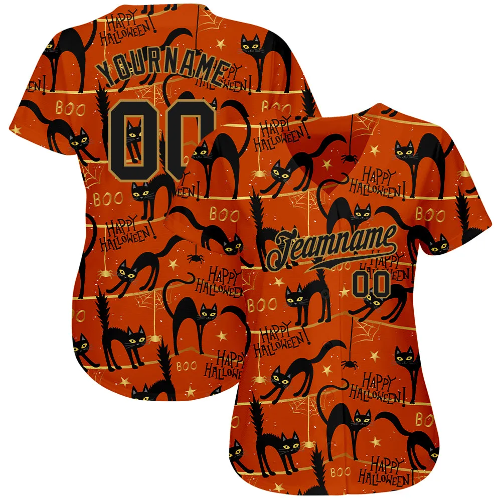 Custom 3D Pattern Happy Halloween Black Cats Spiders Authentic Baseball Jersey