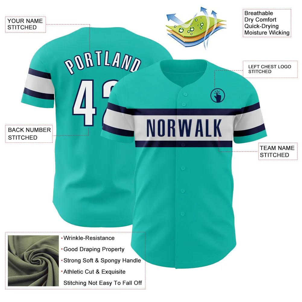 Custom Aqua White-Navy Authentic Baseball Jersey