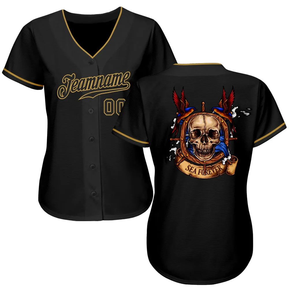 Custom Black Black-Old Gold Authentic Skull Fashion Baseball Jersey