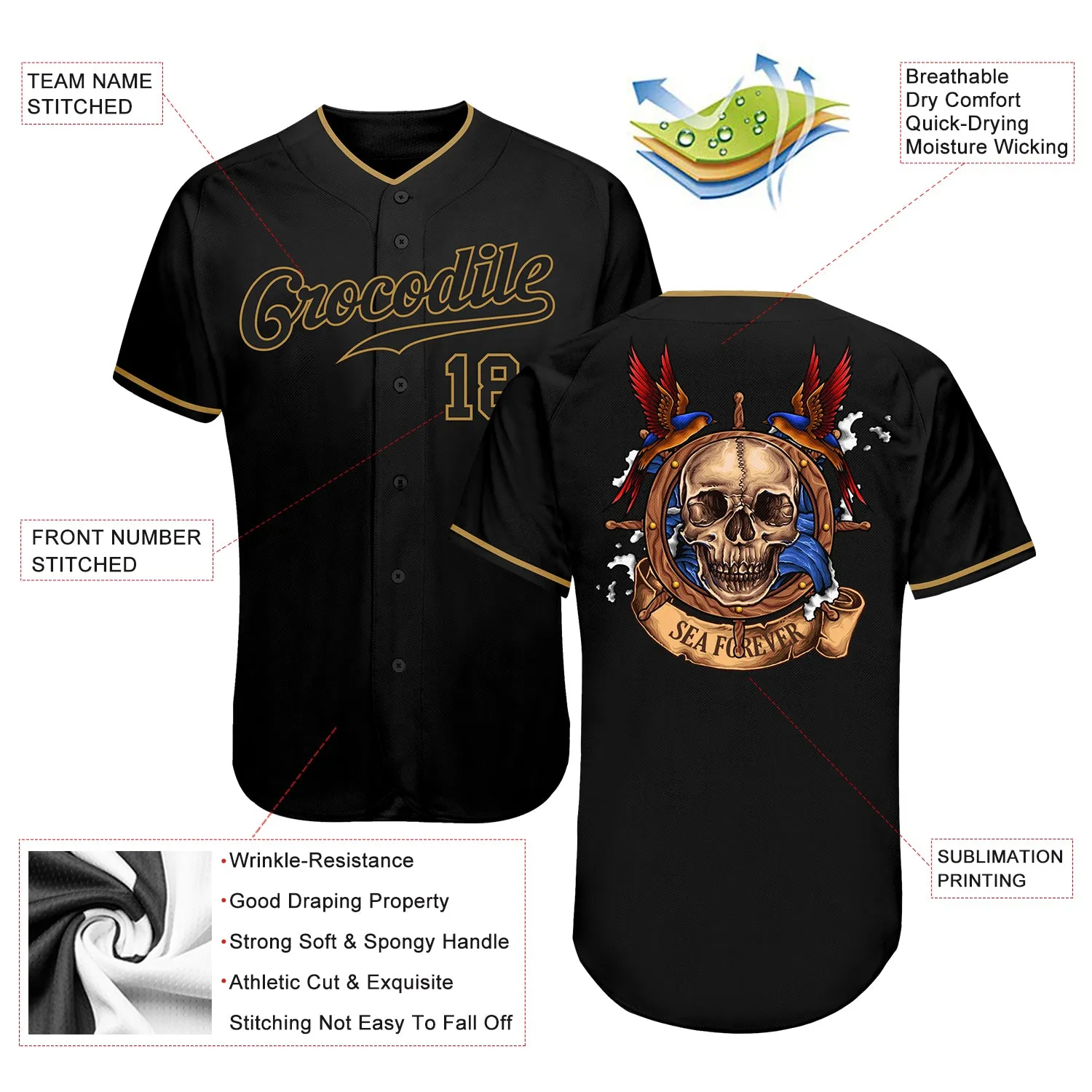 Custom Black Black-Old Gold Authentic Skull Fashion Baseball Jersey