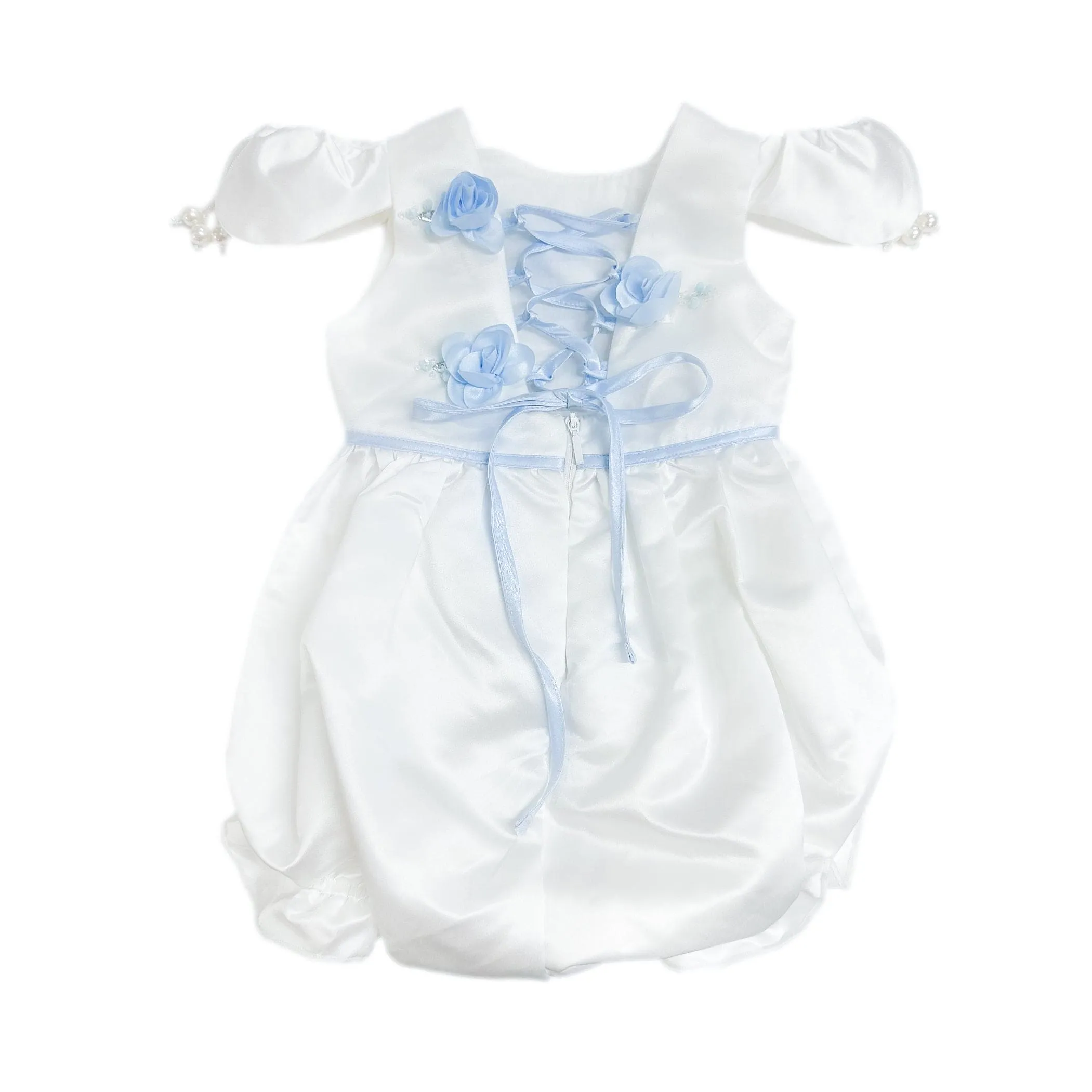 Daphne White Satin Romper with Blue Embroidery