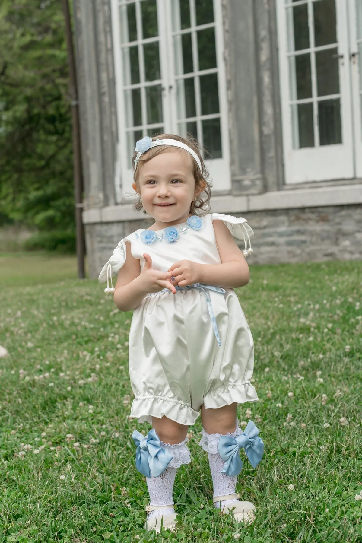 Daphne White Satin Romper with Blue Embroidery