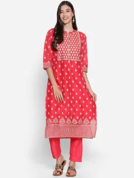 Dark Coral Floral Printed Kurta With Trouser