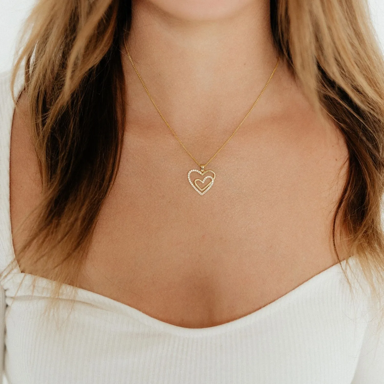 Double Open Heart CZ Pendant (Gold)