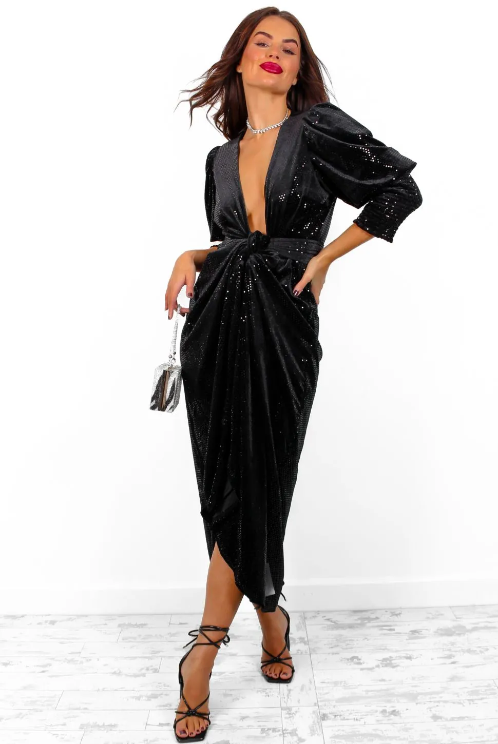 Drive Em Wild - Black Velvet Black Sequin Midi Wrap Dress