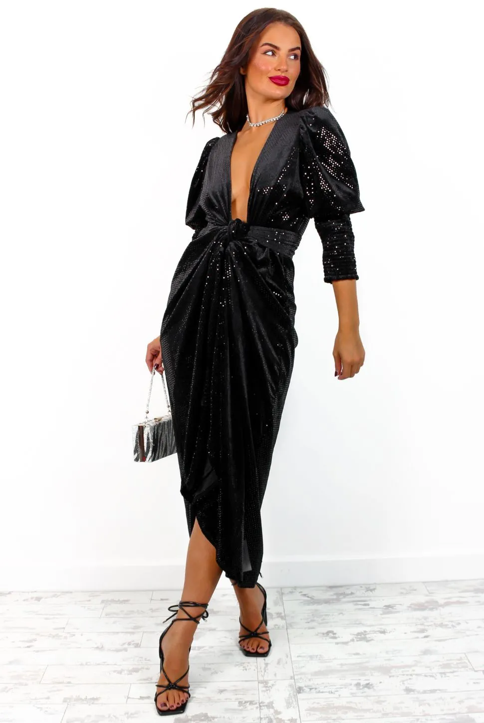 Drive Em Wild - Black Velvet Black Sequin Midi Wrap Dress