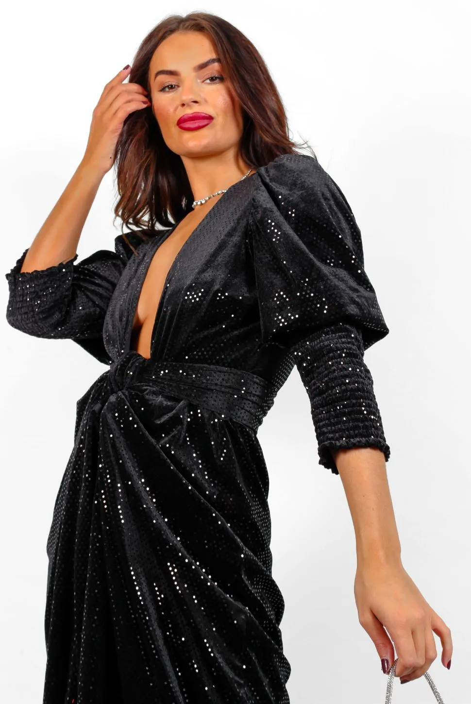 Drive Em Wild - Black Velvet Black Sequin Midi Wrap Dress