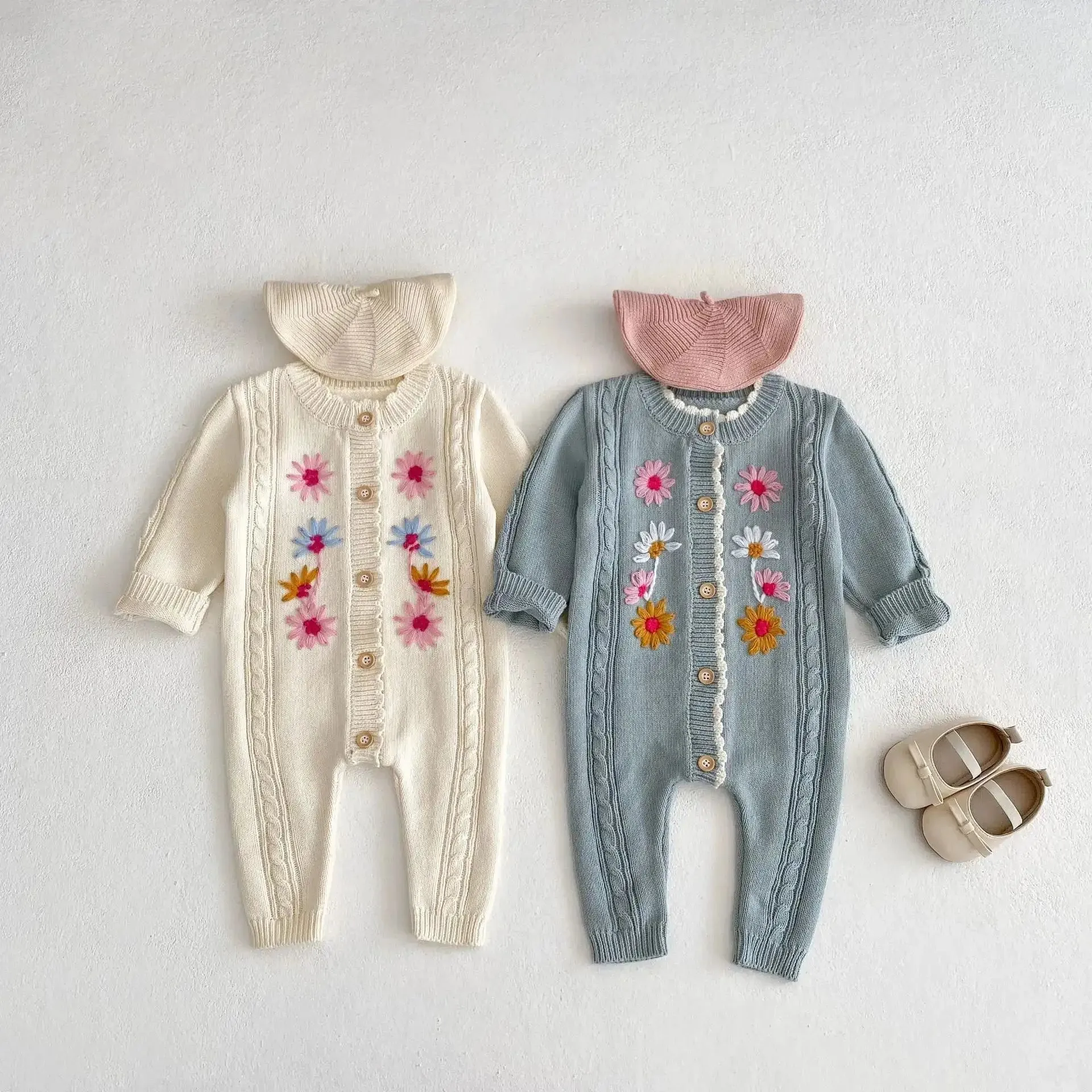 Floral Embroidered Baby Romper in Blue & Apricot - Full Length Knit Sleeve