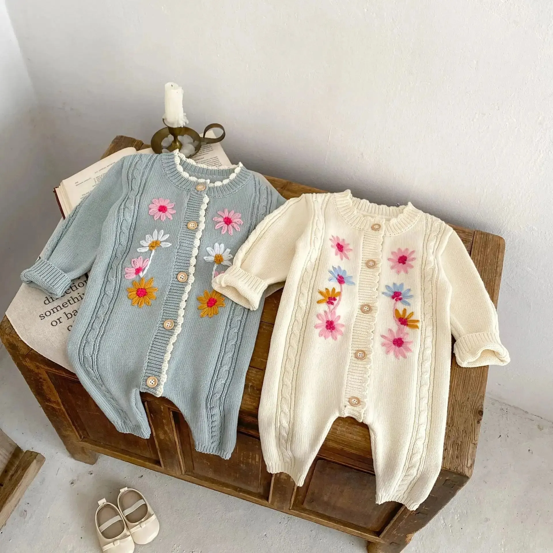 Floral Embroidered Baby Romper in Blue & Apricot - Full Length Knit Sleeve