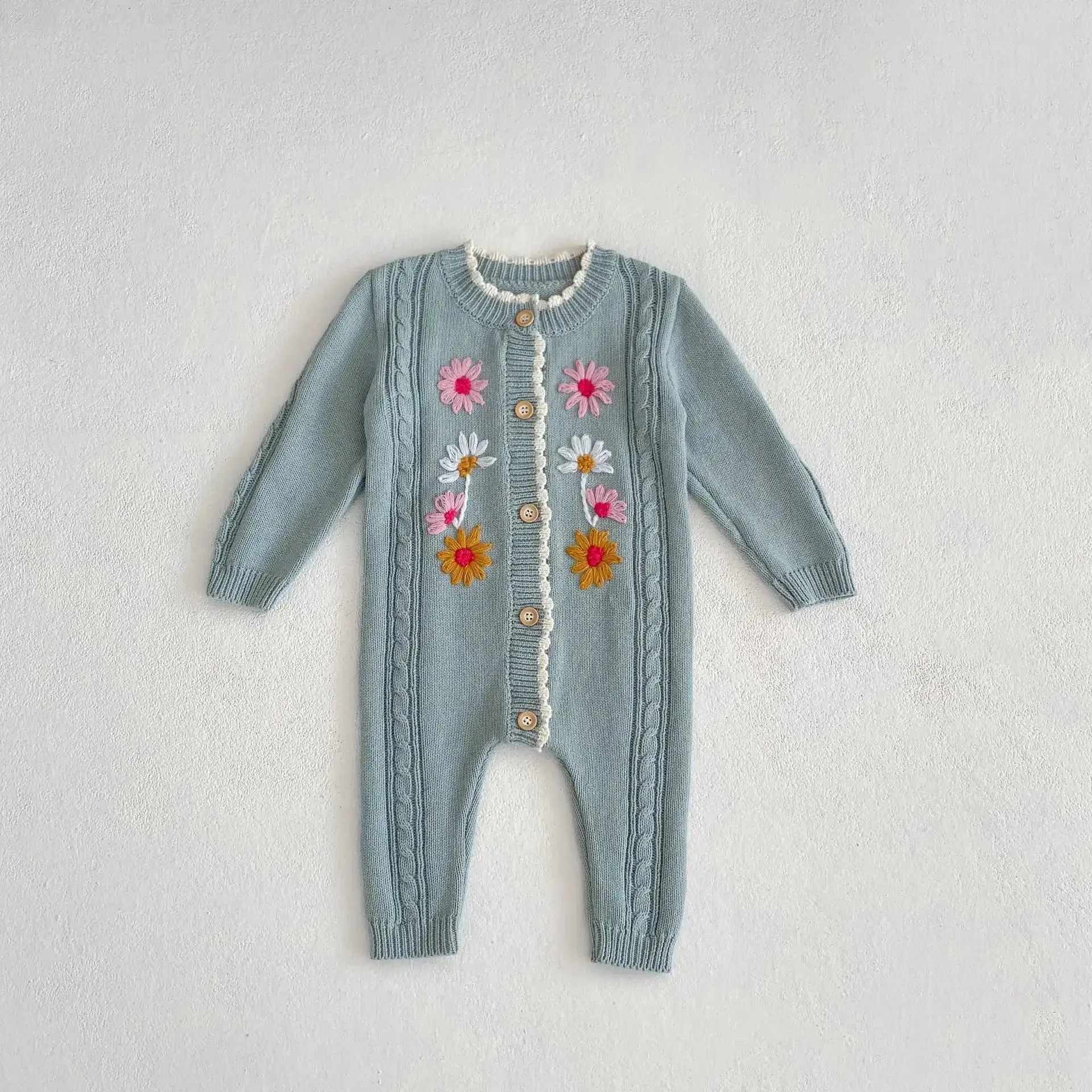 Floral Embroidered Baby Romper in Blue & Apricot - Full Length Knit Sleeve