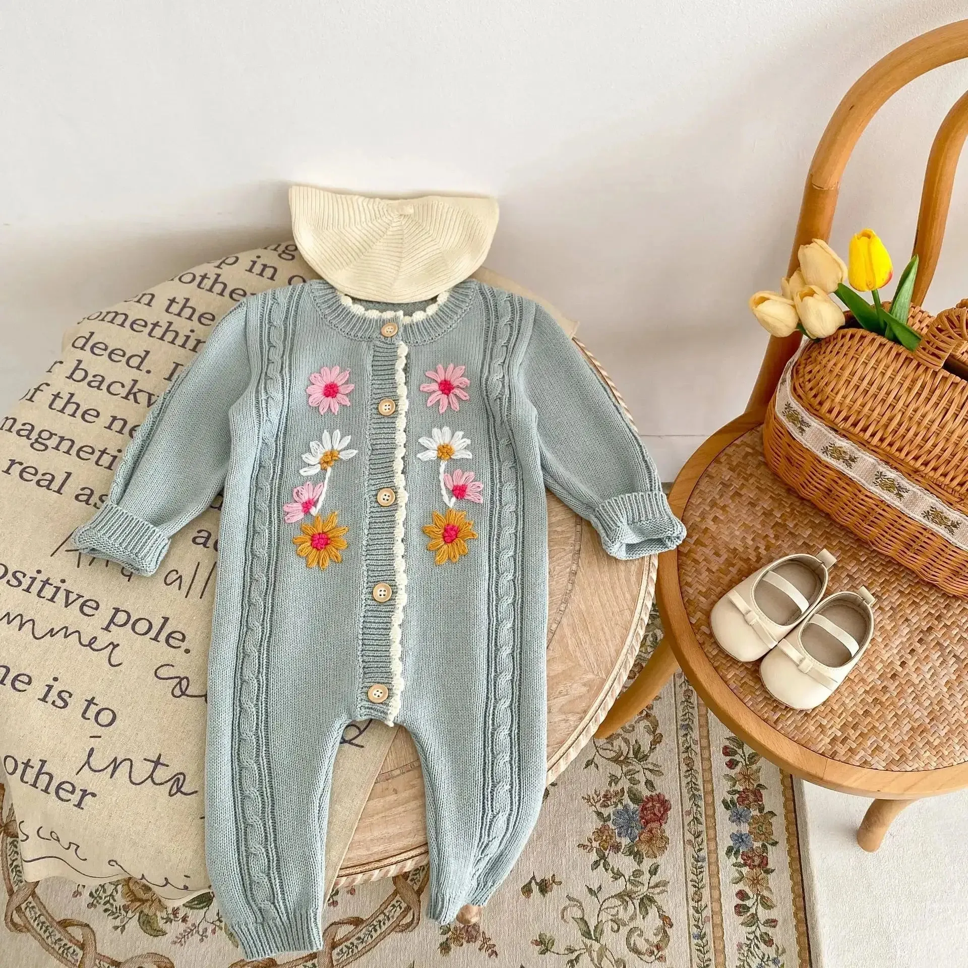 Floral Embroidered Baby Romper in Blue & Apricot - Full Length Knit Sleeve