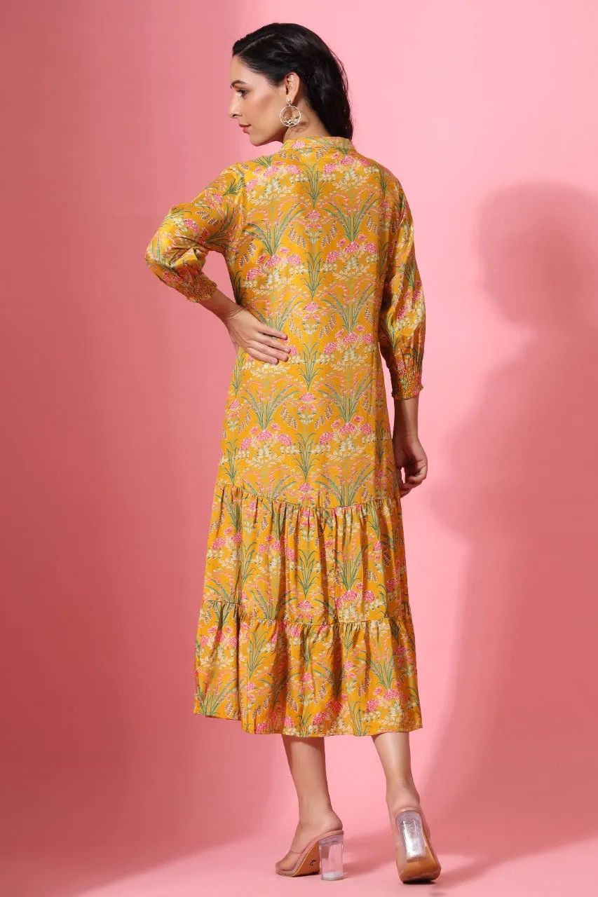 Forrest Enchanted on Mustard Silk midi Dress