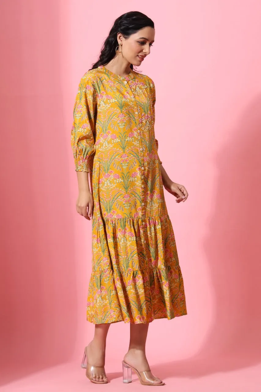 Forrest Enchanted on Mustard Silk midi Dress