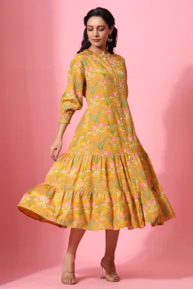 Forrest Enchanted on Mustard Silk midi Dress