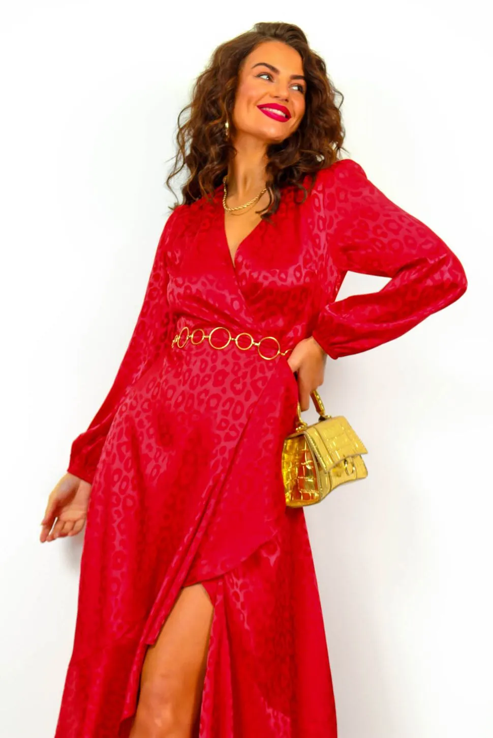 Frilled To Be Here - Red Leopard Jacquard Midi Wrap Dress