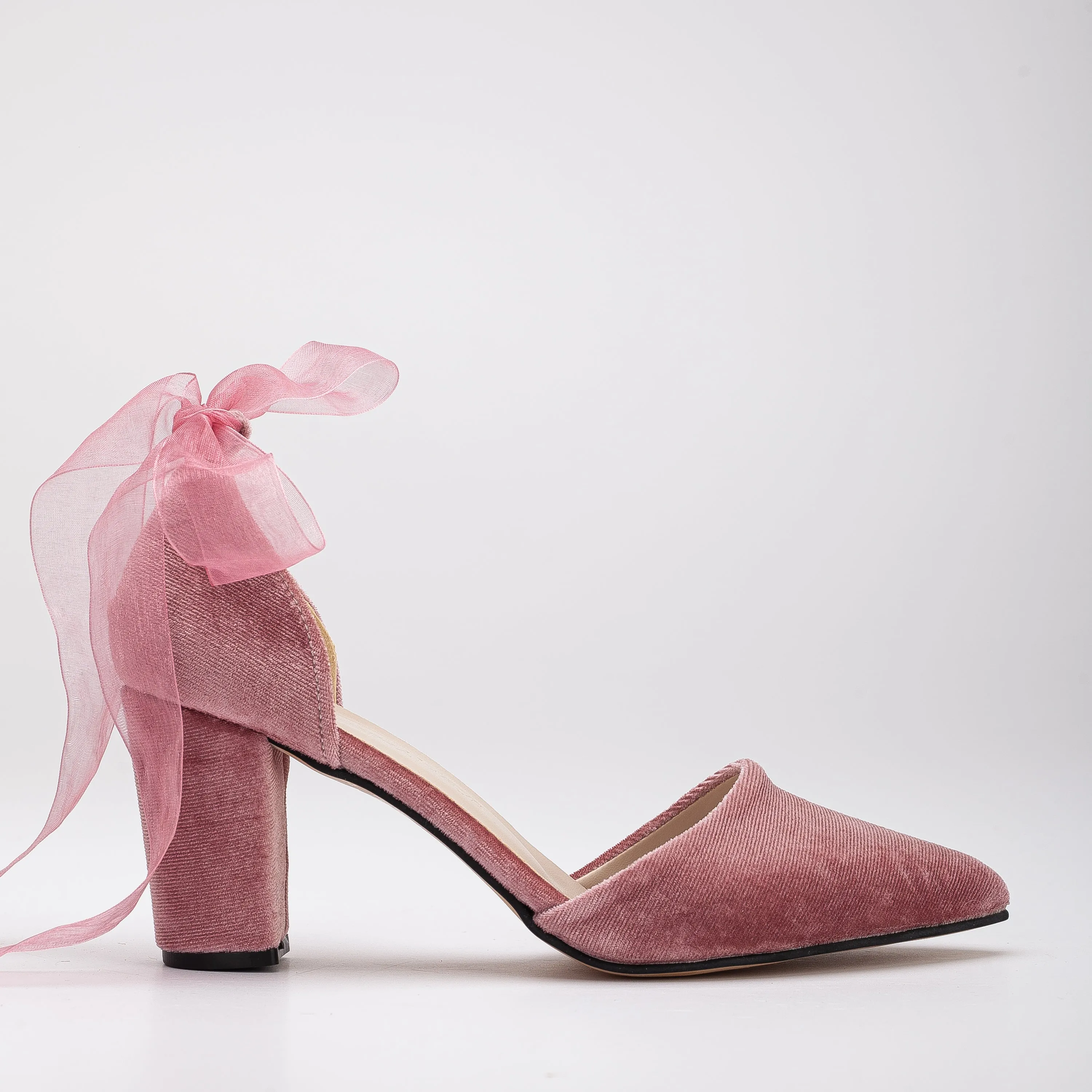 Gisele - Rose Velvet Heels with Ribbon