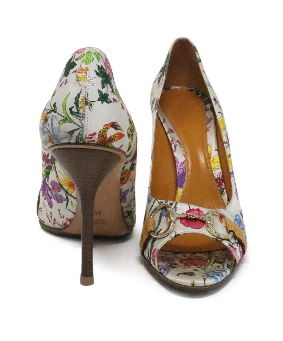 Gucci White & Multicolor Floral Satin Heels sz 11