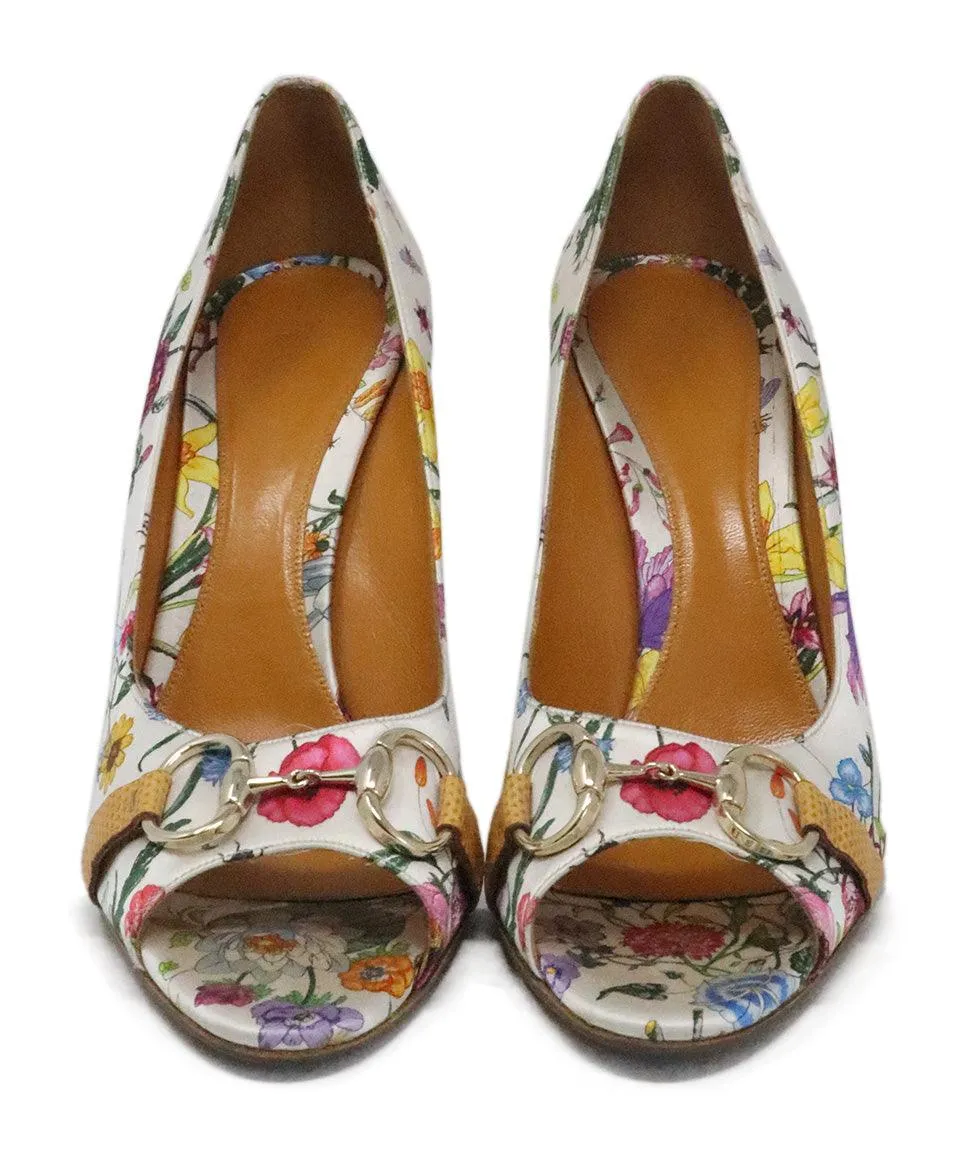 Gucci White & Multicolor Floral Satin Heels sz 11