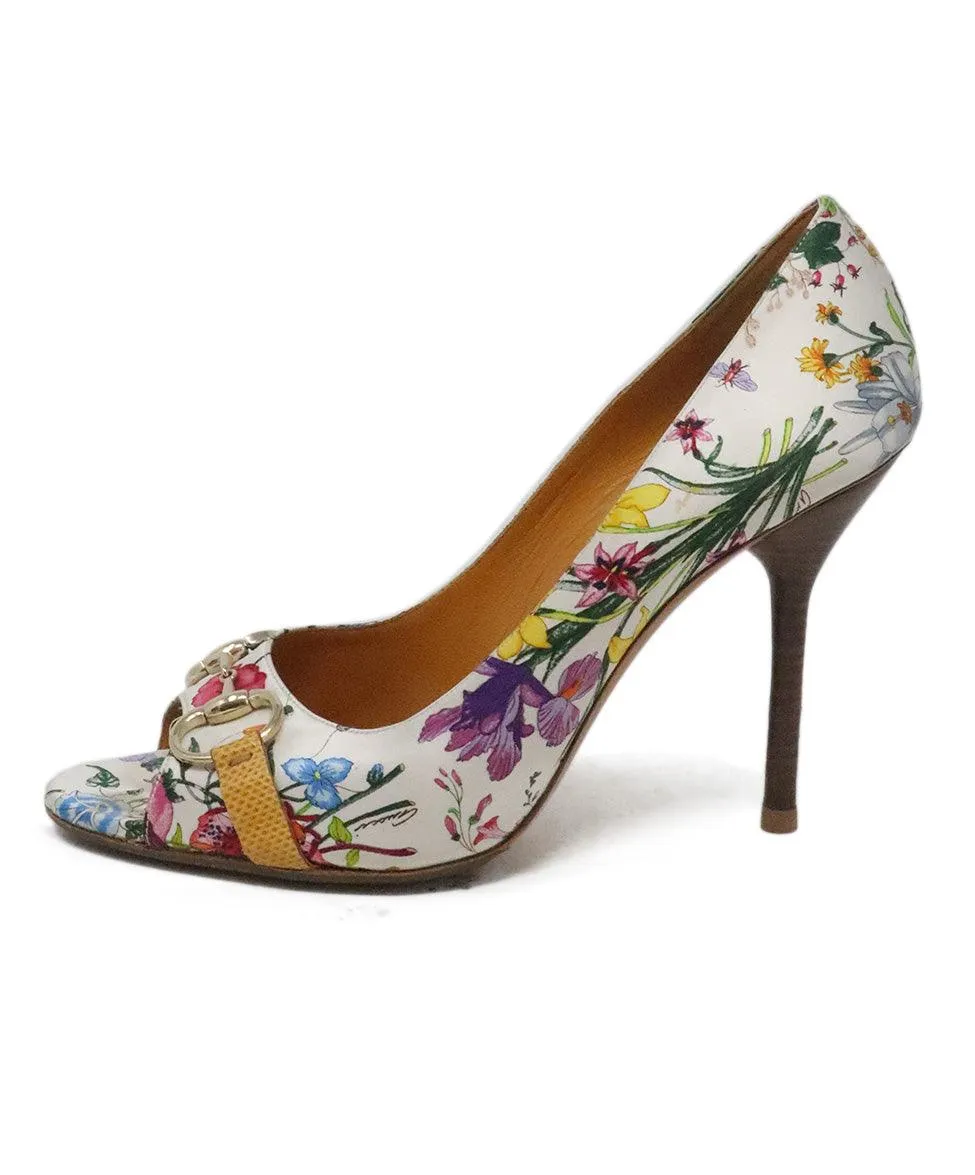 Gucci White & Multicolor Floral Satin Heels sz 11