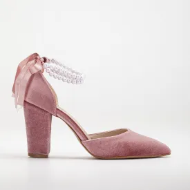 Hazel - Rose Velvet Shoes with Pearls