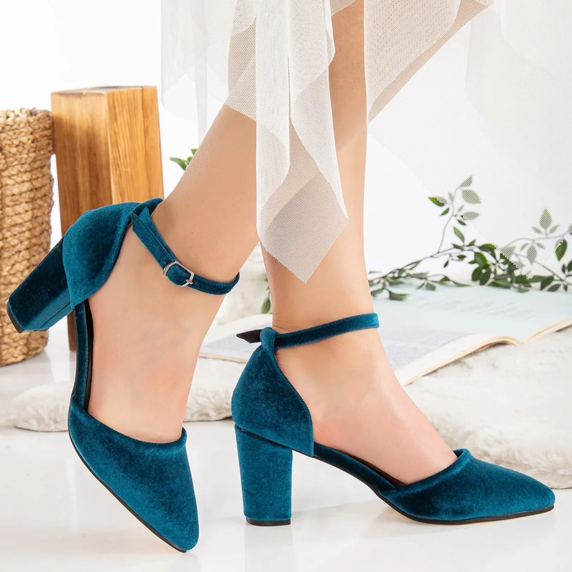 Hazel - Teal Blue Velvet Wedding Heels with Pearls