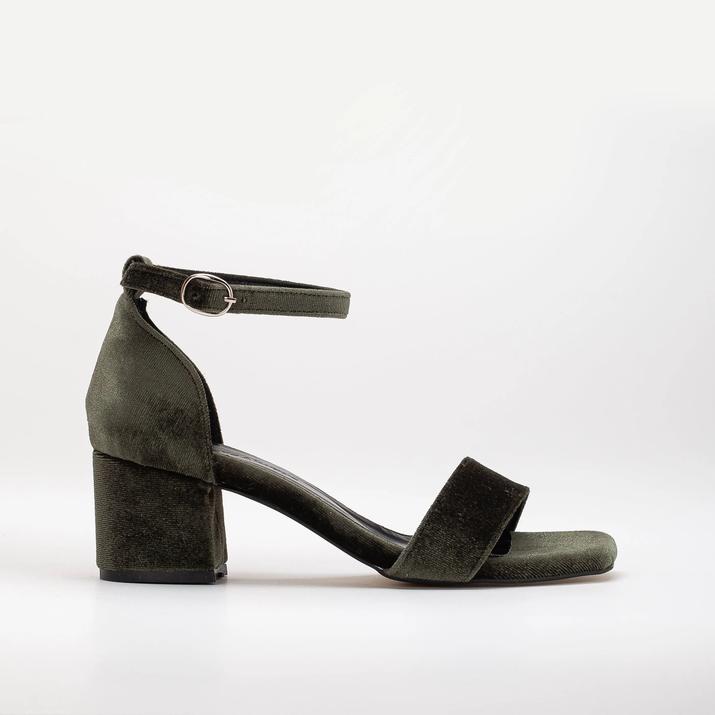 Hera - Olive Green Velvet Low Heel Sandals with Ribbon