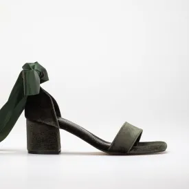 Hera - Olive Green Velvet Low Heel Sandals with Ribbon