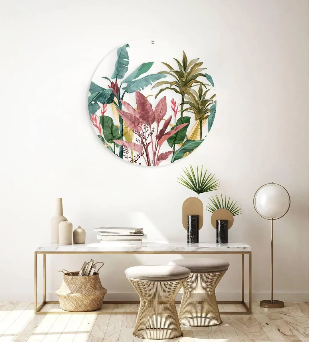 Jungle Circle Leaves Pattern Printed Transparent Acrylic Circle