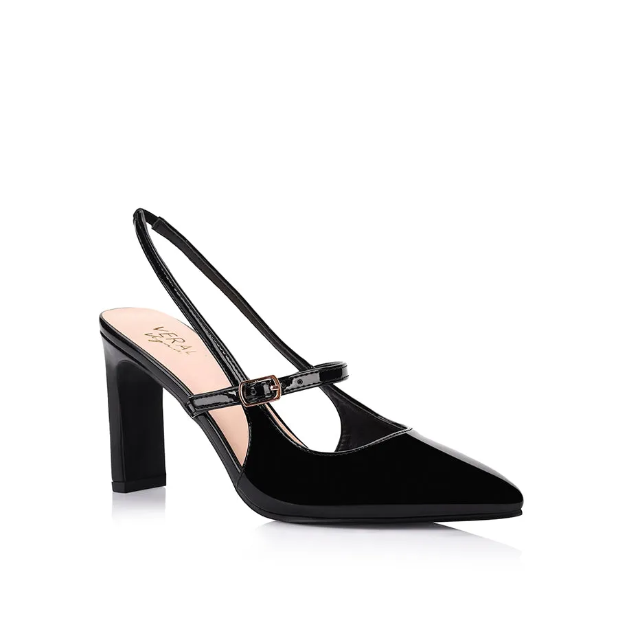 Kimchi Slingback Block Heels - Black Patent