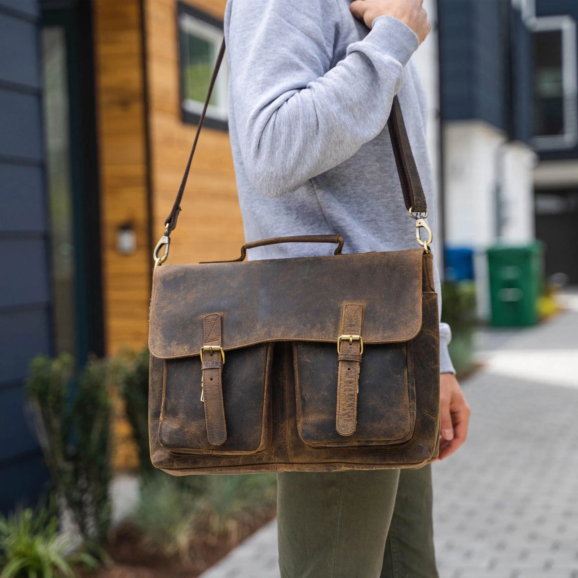 Leather Briefcase 16 Inch Laptop Messenger Bag Office Briefcase College Bag (Buffalo Distressed Tan)