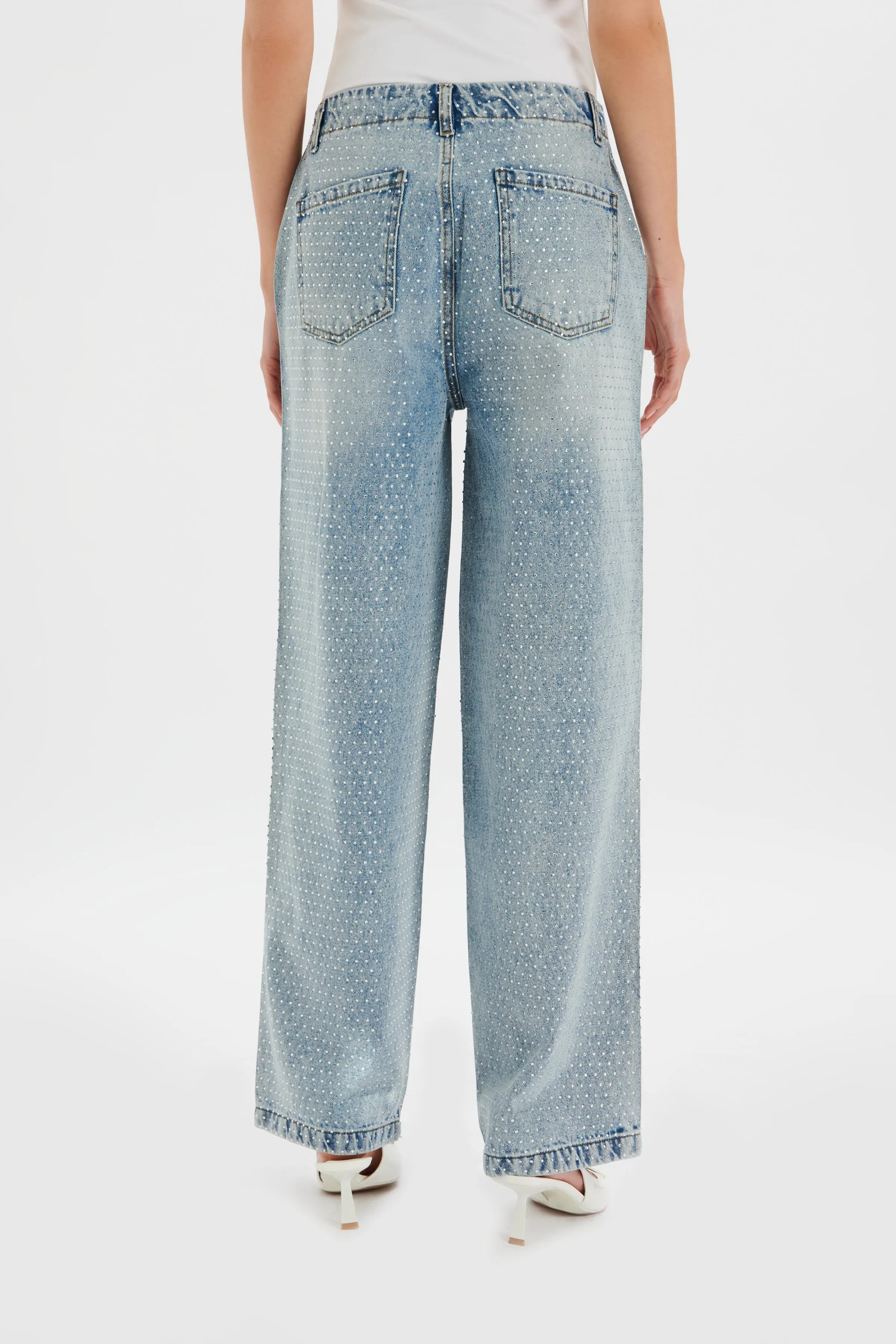 LILLIE Crystal Embellished Straight Leg Denim Jeans in Light Blue