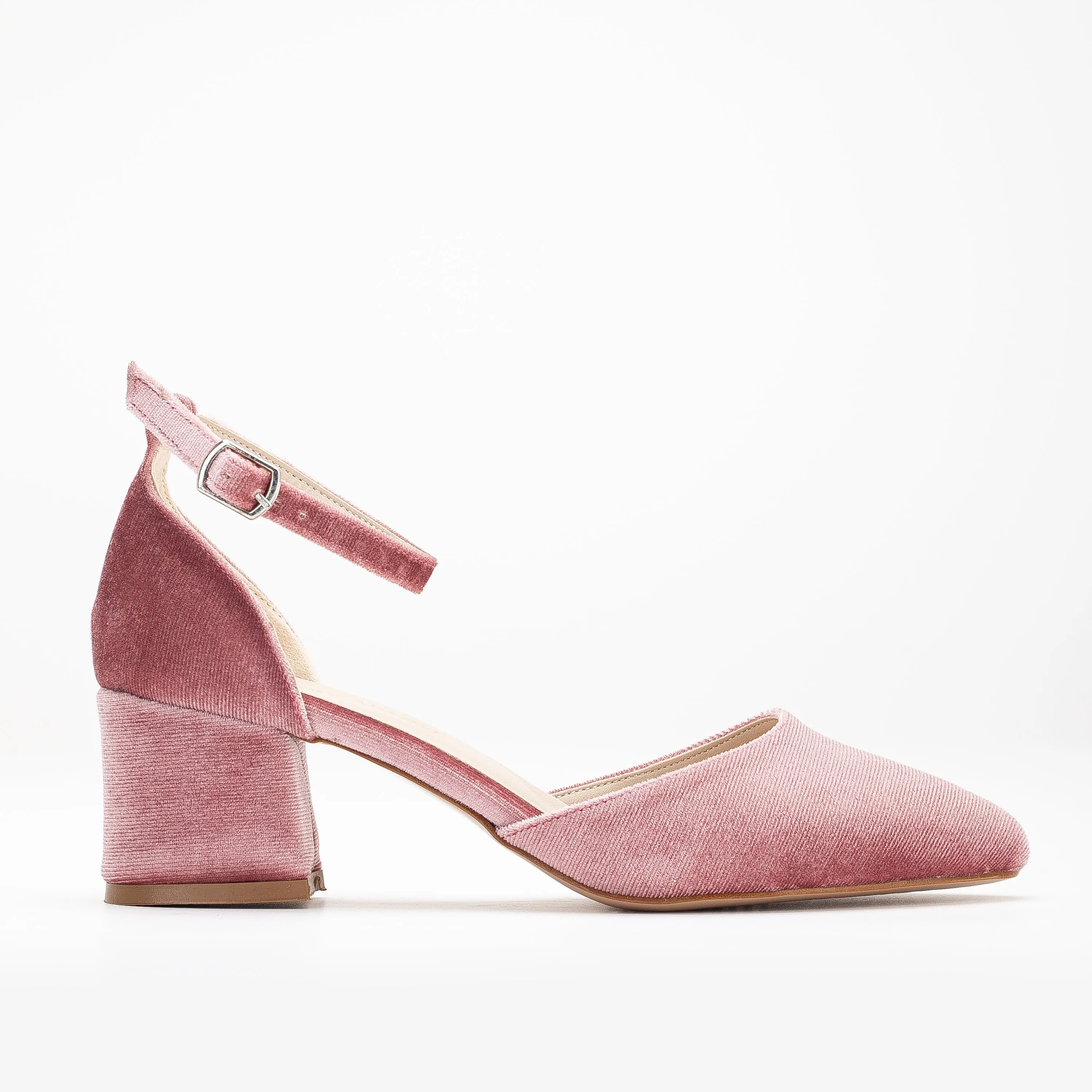 Marcelle - Rose Velvet Low Heels with Ribbon