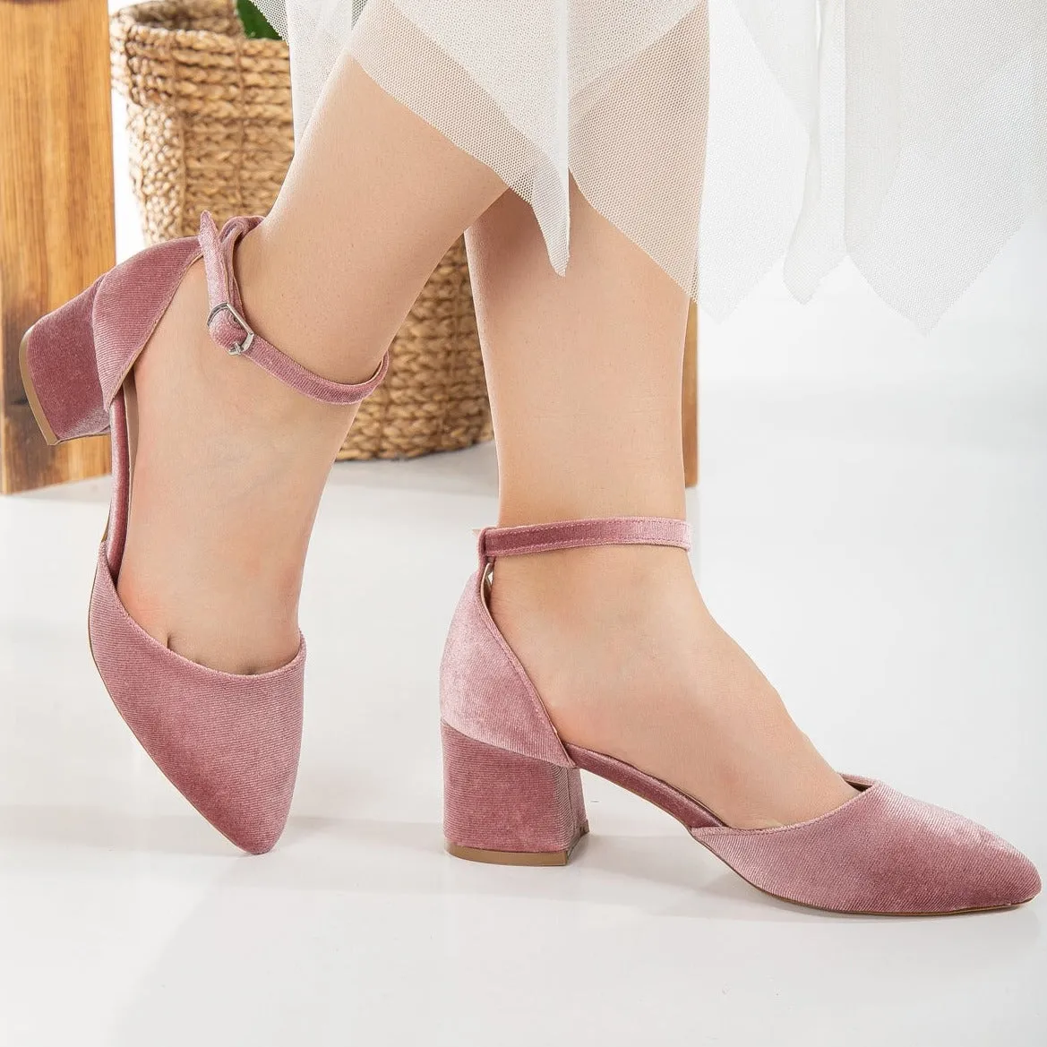 Marcelle - Rose Velvet Low Heels with Ribbon